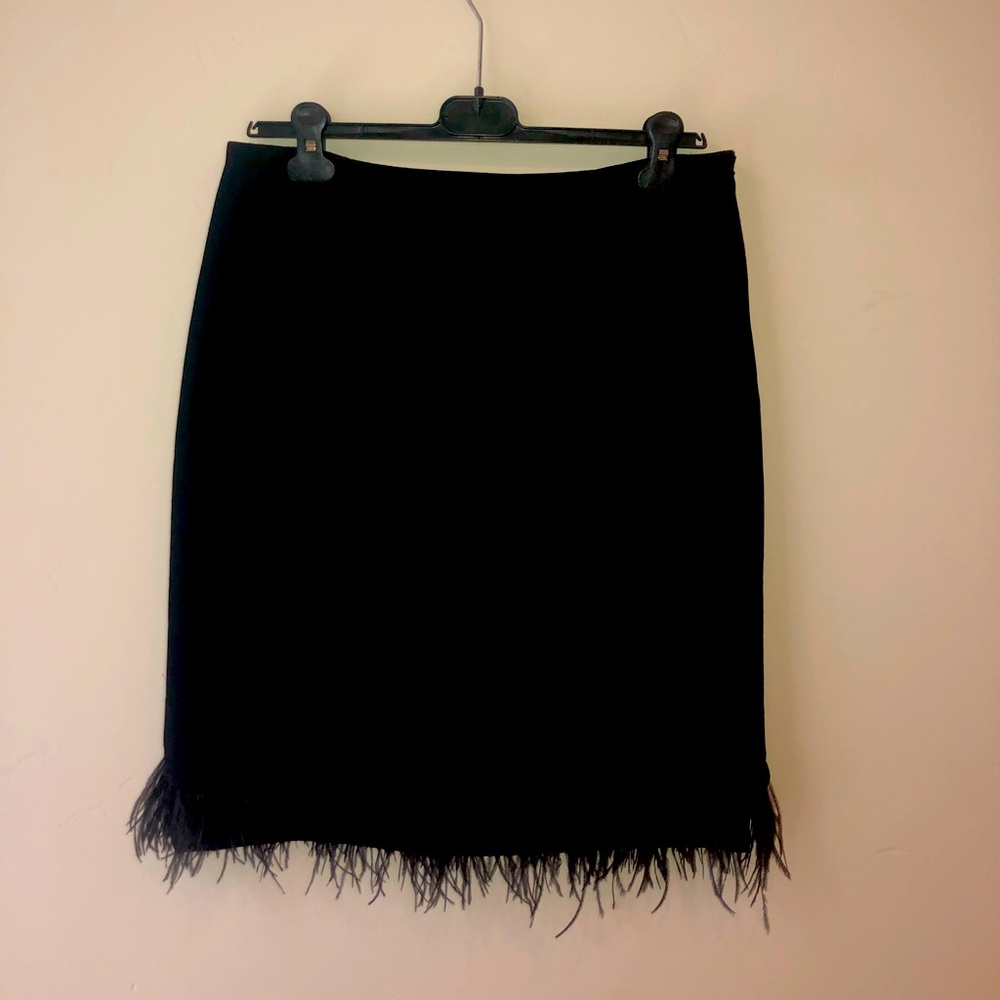Teri Jon Festive Tailored Wool Skirt with Feathers